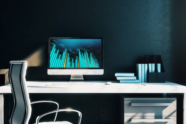 Bilgisayar ekranında finansal grafikler ve grafikler ile kabine masaüstü iç. Hisse senedi piyasası analizi ve ticaret kavramı. 3B işleme.