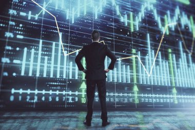 İşadamı ve forex grafik hologramı. Çifte pozlama. Finansal eğitim ve analiz kavramı