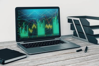 Bilgisayar ekranında Forex grafiği ile dizüstü çekim. Finansal ticaret ve eğitim konsepti. 3B işleme.