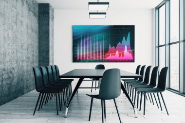Duvar üzerinde ekran monitörü mali grafik ile konferans odası iç. Hisse senedi piyasası analizi konsepti. 3B işleme.