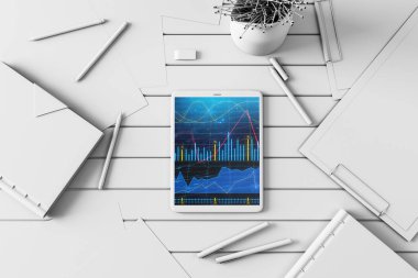 Dijital tablet ekranda mali grafik ile üst görünüm çekim. Online işlem uygulama konsepti. 3B işleme.