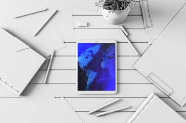 Ekranda dünya haritası ile dijital tablet çekim üst görünümü. Online uluslararası ticaret kavramı. 3B işleme.