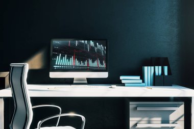 Bilgisayar ekranında finansal grafikler ve grafikler ile kabine masaüstü iç. Hisse senedi piyasası analizi ve ticaret kavramı. 3B işleme.
