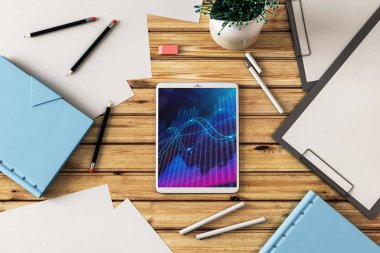 Dijital tablet ekranda mali grafik ile üst görünüm çekim. Online işlem uygulama konsepti. 3B işleme.