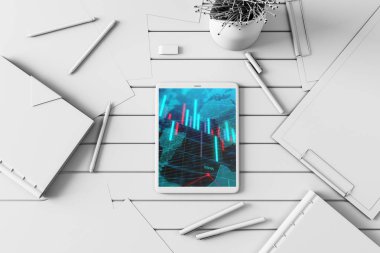 Dijital tablet çekim üst görünümü ile mali grafik ve kısmi Dünya Haritası ekranda. Online uluslararası ticaret uygulama kavramı. 3B işleme.