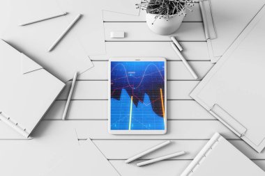 Dijital tablet ekranda mali grafik ile üst görünüm çekim. Online işlem uygulama konsepti. 3B işleme.