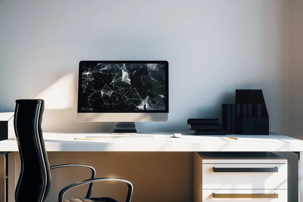 Gabinete interior de escritorio con la tecnología tema dibujo en la pantalla del ordenador. Concepto de alta tecnología. renderizado 3d . —  Fotos de Stock