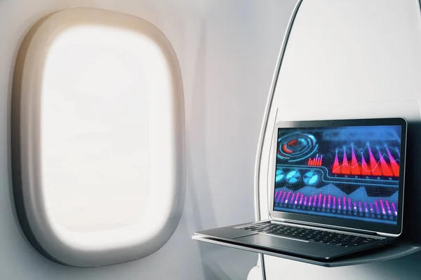 Laptop closeup inside airplane with business theme pic on screen. On air online business concept. 3d rendering.