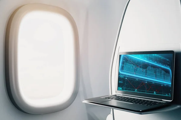Ноутбук крупным планом внутри самолета с бизнес-фото темы на экране. В эфире онлайн бизнес-концепция. 3d-рендеринг . — стоковое фото