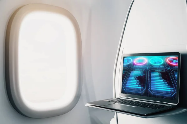 Laptop närbild inuti flygplan med Business Theme pic på skärmen. På Air online affärsidé. 3D-rendering. — Stockfoto
