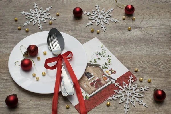 Cadre Table Avec Décorations Noël Sur Table Bois Plats Vacances — Photo