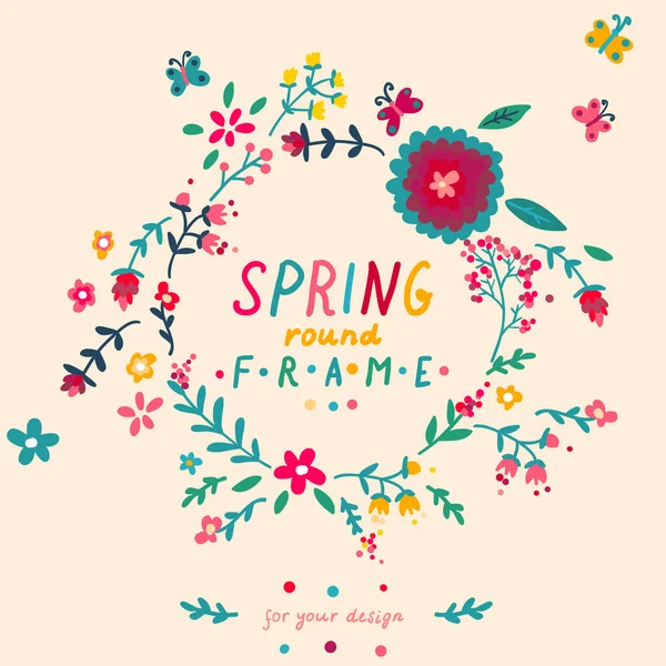 Lindo doodle primavera floral marco redondo — Vector de stock