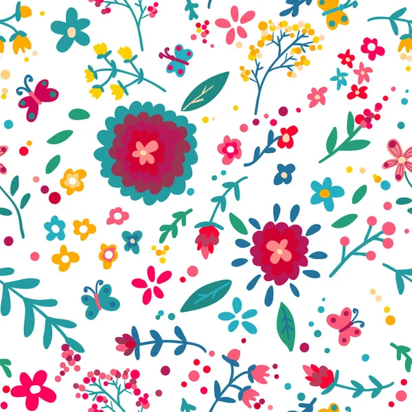 Spring seamless pattern with flowers and butterflies — Stock Vector