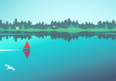 Vektör yatay, göl, orman ve tekne