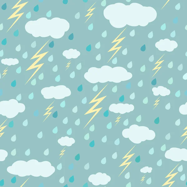Βροχερή χωρίς ραφή πρότυπο με σταγόνες της βροχής, τα σύννεφα και αστραπές — Διανυσματικό Αρχείο