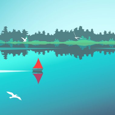Vektör yatay, göl, orman ve tekne