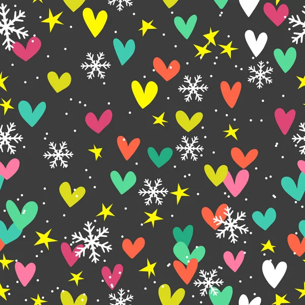 Patrón sin costuras de Navidad con estrellas, corazones y copos de nieve — Vector de stock