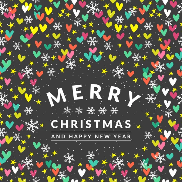 Красочная рождественская открытка со звездами, сердцами и снежинками — стоковый вектор