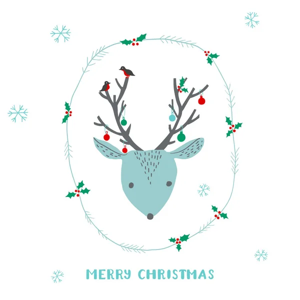 Симпатичная рождественская открытка с оленями, бычками, снежинками и круглыми — стоковый вектор