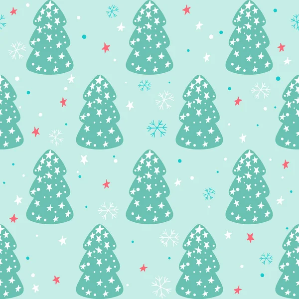 Απρόσκοπτη Χριστούγεννα μοτίβο με χριστουγεννιάτικα δέντρα, τα αστέρια και snowf — Διανυσματικό Αρχείο