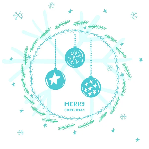 Cartão de Natal bonito com decorações penduradas, armação redonda de spr — Vetor de Stock