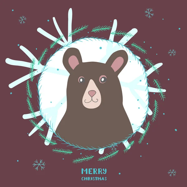 Weihnachtskarte mit niedlichem Bären, rundem Rahmen aus Nadelbaumzweigen — Stockvektor