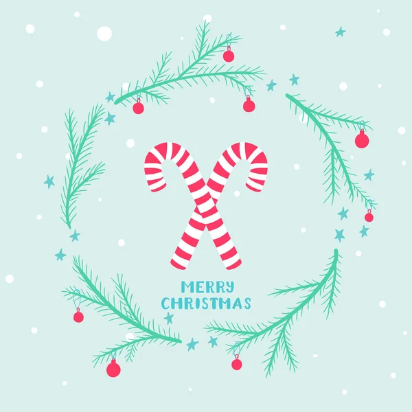 Милая рождественская открытка с конфетами и елочными ветвями — стоковый вектор