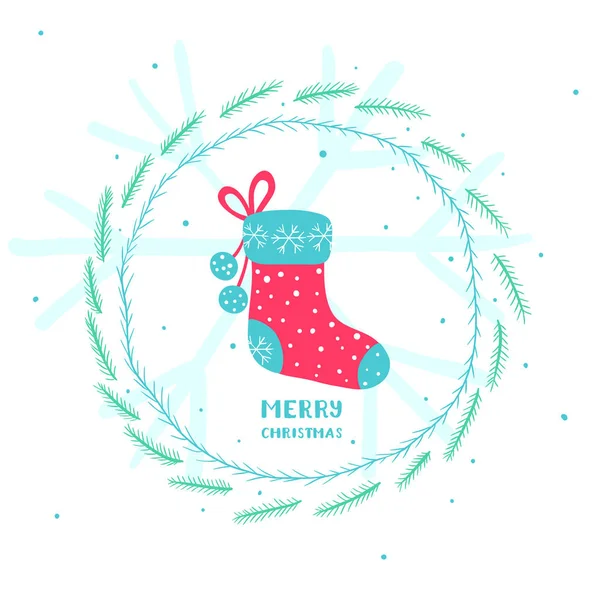 Carino biglietto di Natale con calza e rami di abete rosso — Vettoriale Stock