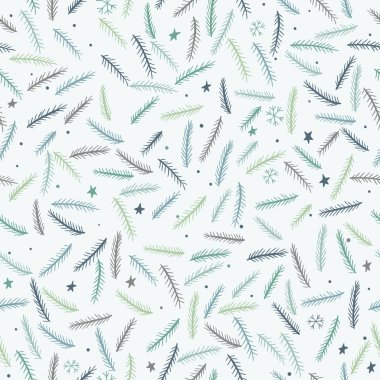 Noel seamless modeli ile kozalaklı dallar, yıldızlar ve kar