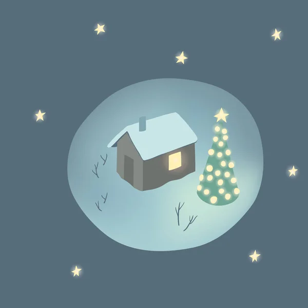 Christmas gratulationskort med stuga och dekorerad julgran — Stock vektor