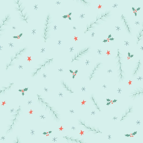 针叶树枝、星星和雪花的无缝花纹 — 图库矢量图片