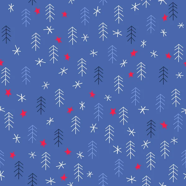 Patrón de Navidad sin costuras con árboles, estrellas y copos de nieve — Vector de stock