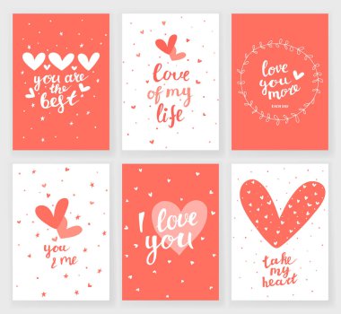 6 Sevgililer günü tebrik kartları ile kalpleri ve el WRI kümesi