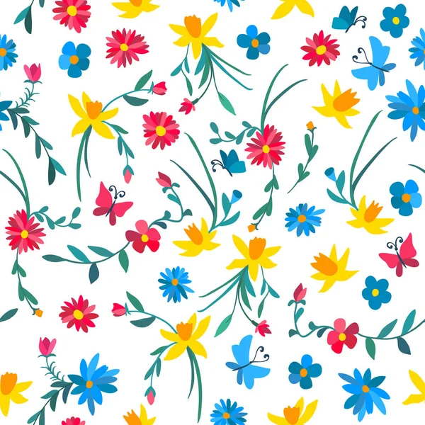 Seamless floral pattern with colorful flowers and butterflies — Stock Vector