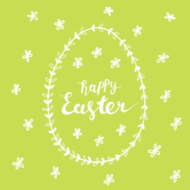 Yumurta, çiçek ve el harfleri yazılı Paskalya tebrik kartı
