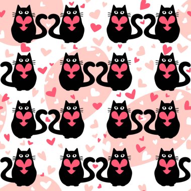 Sevimli siyah kedileri ve kalpleri olan kusursuz bir desen.