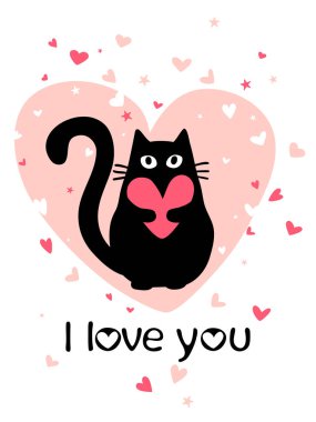 Sevimli siyah kedili sevgililer günü kartı.