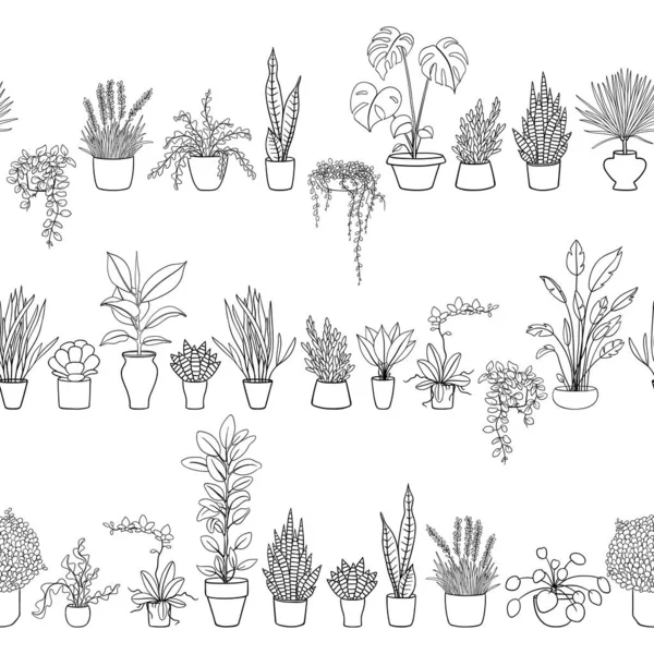 Patrón Sin Costura Blanco Negro Con Plantas Casa — Vector de stock