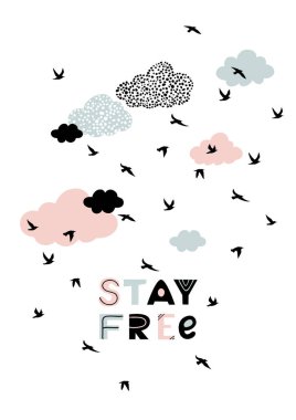 Üzerinde uçan kuşlar ve bulutlar olan kartpostal.