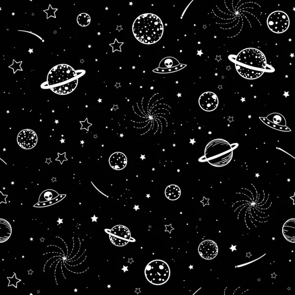 Siyah Beyaz Desenli Yıldızlar Gezegenler Uzaylılar — Stok Vektör