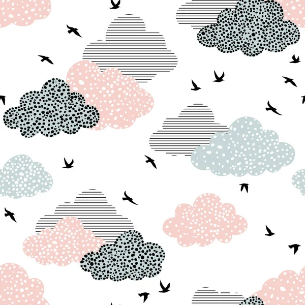 Motif Sans Couture Avec Des Oiseaux Des Nuages — Image vectorielle