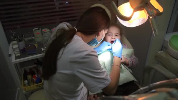 Dentista controlla i denti di una bambina — Video Stock