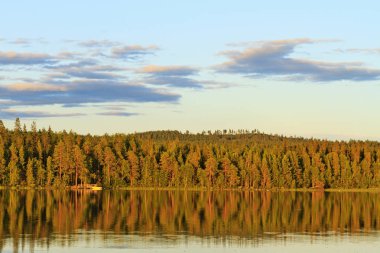 Göl günbatımı yoğun orman arasında