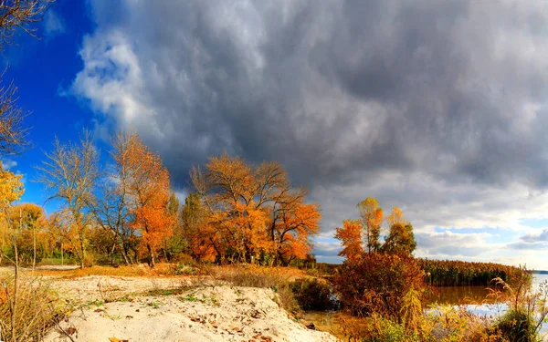 Autumn landscape - trees with colored leaves and dark clouds