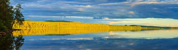 Bosque salvaje iluminado por el sol en el lago con reflejo —  Fotos de Stock