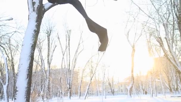 Bufanda negra volando sobre nieve blanca — Vídeos de Stock