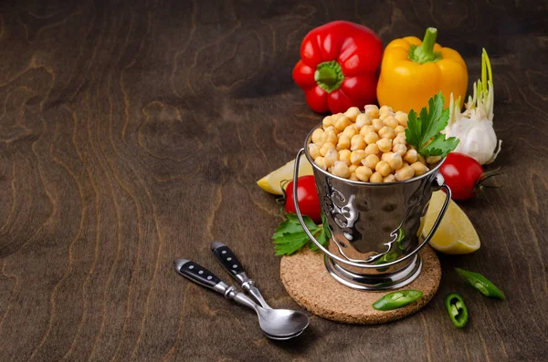 Canned chickpeas in a tin