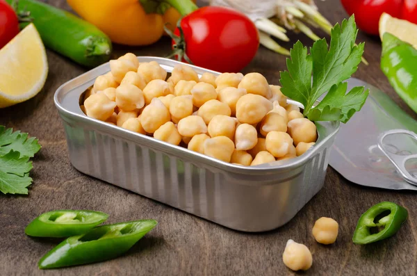Canned chickpeas in a tin