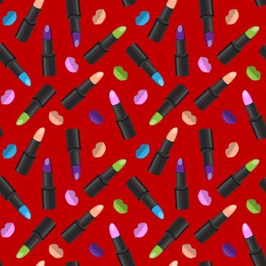 Kırmızı arkaplanda ruj ve dudak izi olan kusursuz desen..