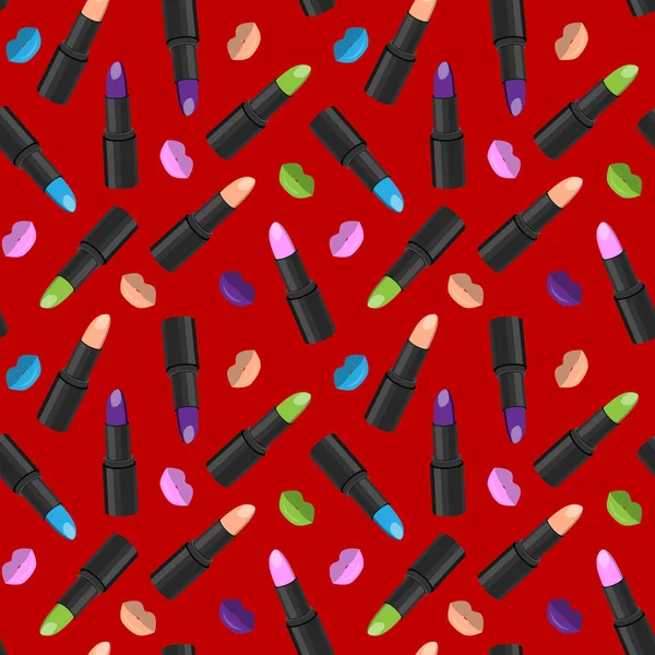 Kırmızı arkaplanda ruj ve dudak izi olan kusursuz desen..